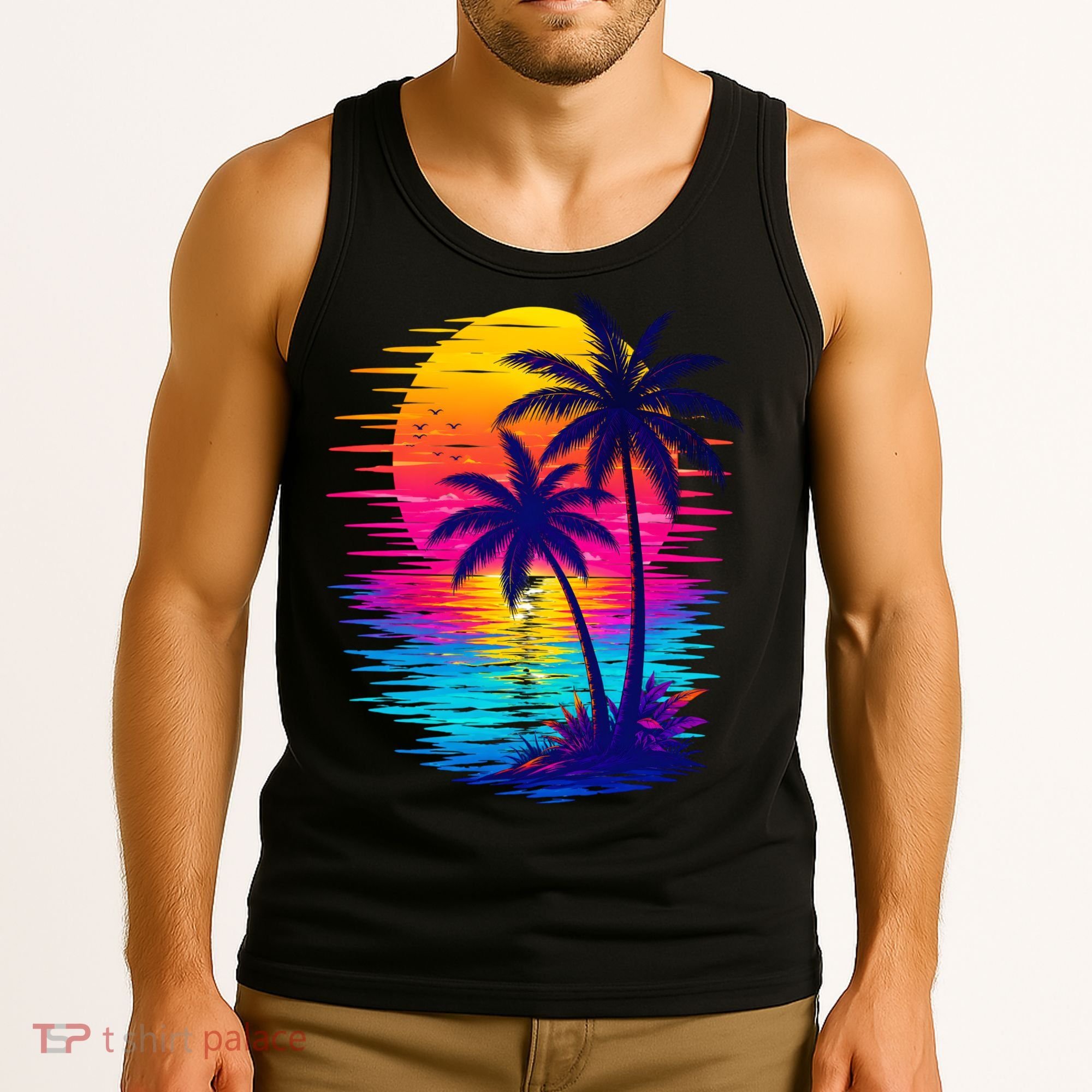Palm Sunset Ocean Summer Beach Hawaiian Tank Top