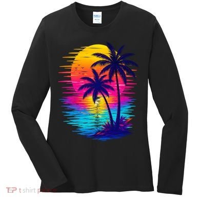 Palm Sunset Ocean Summer Beach Hawaiian Women's Long Sleeve Shirt