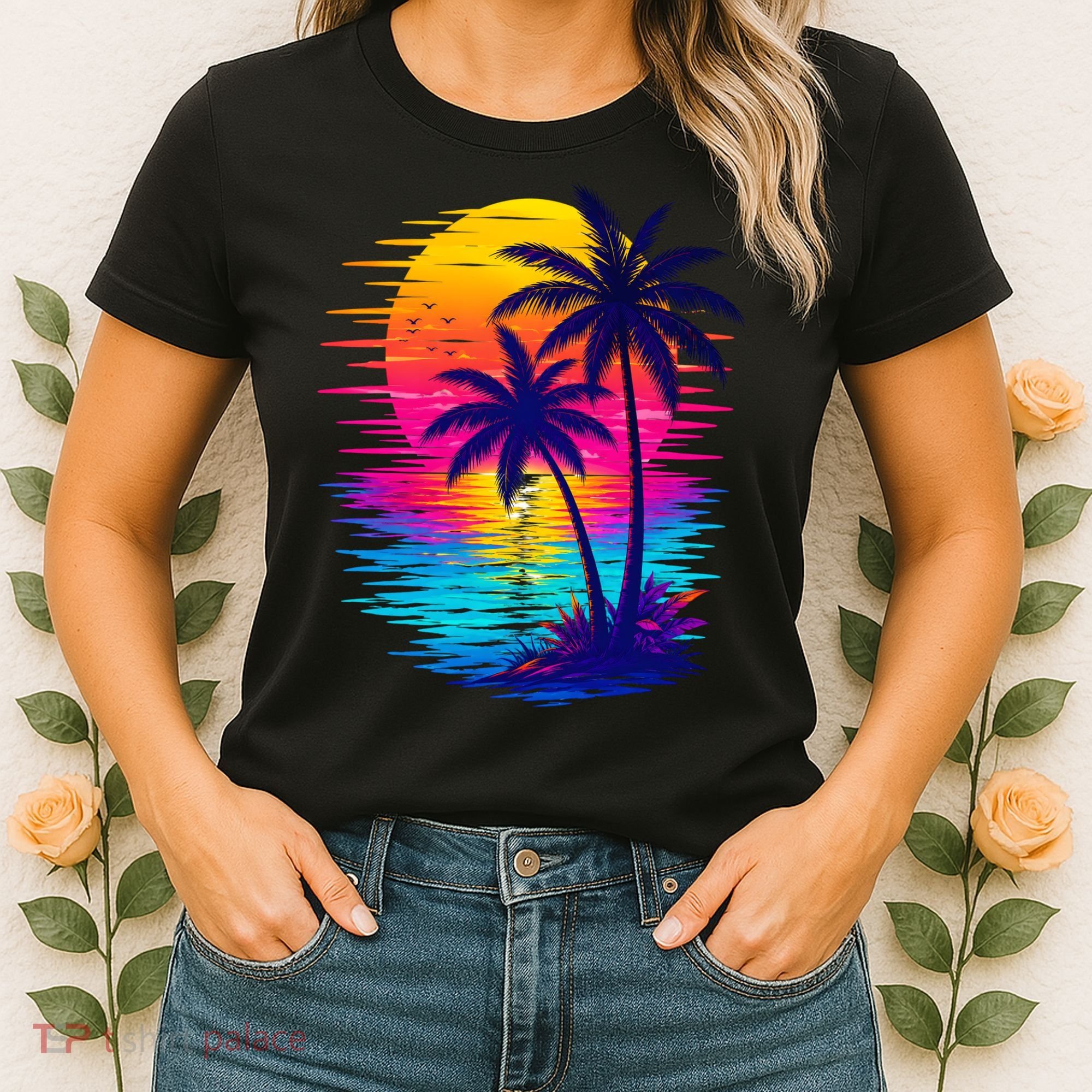 Palm Sunset Ocean Summer Beach Hawaiian Women's T-Shirt