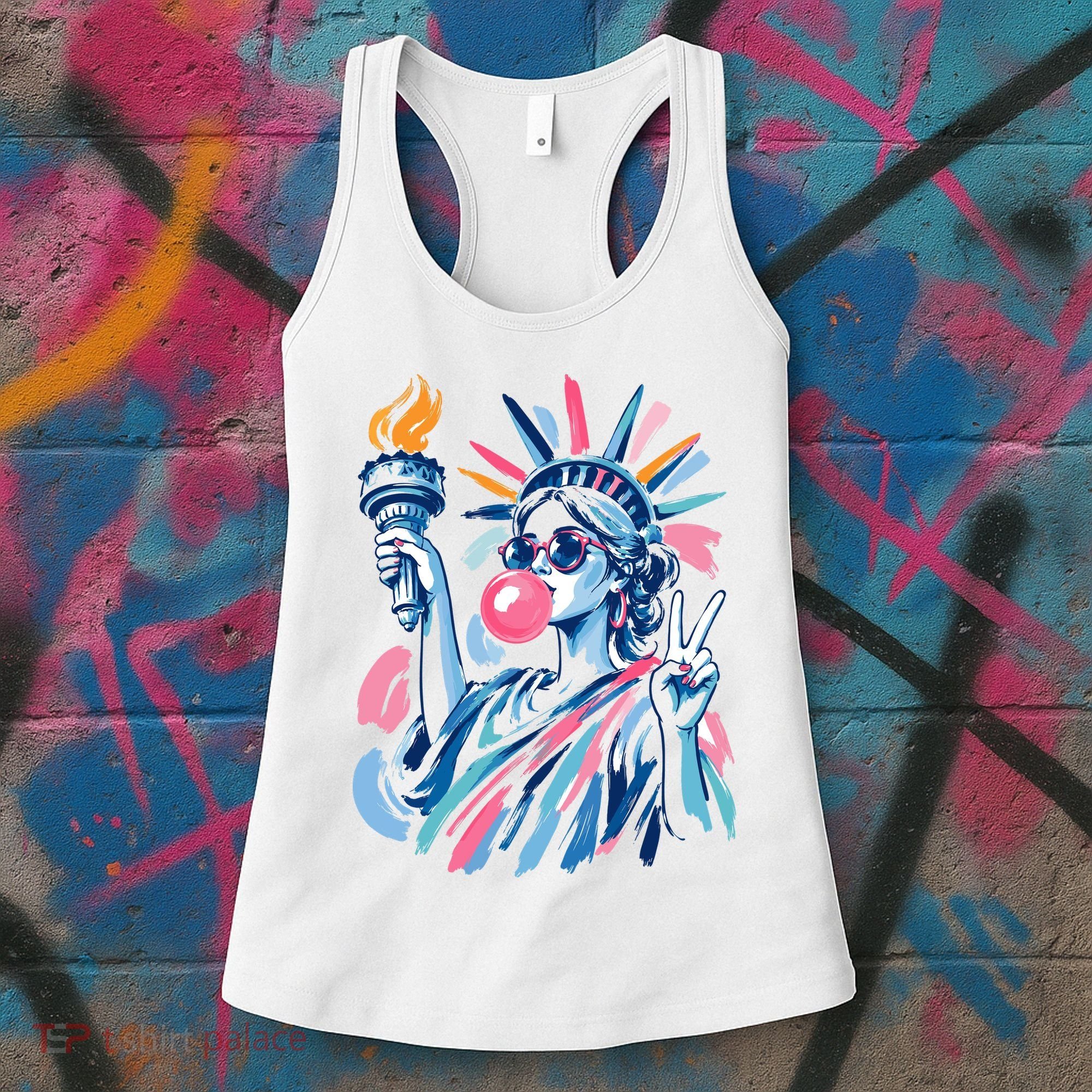 Preppy Statue Of Liberty Blowing Bubble Gum 4th Of July  Women's Tank Top
