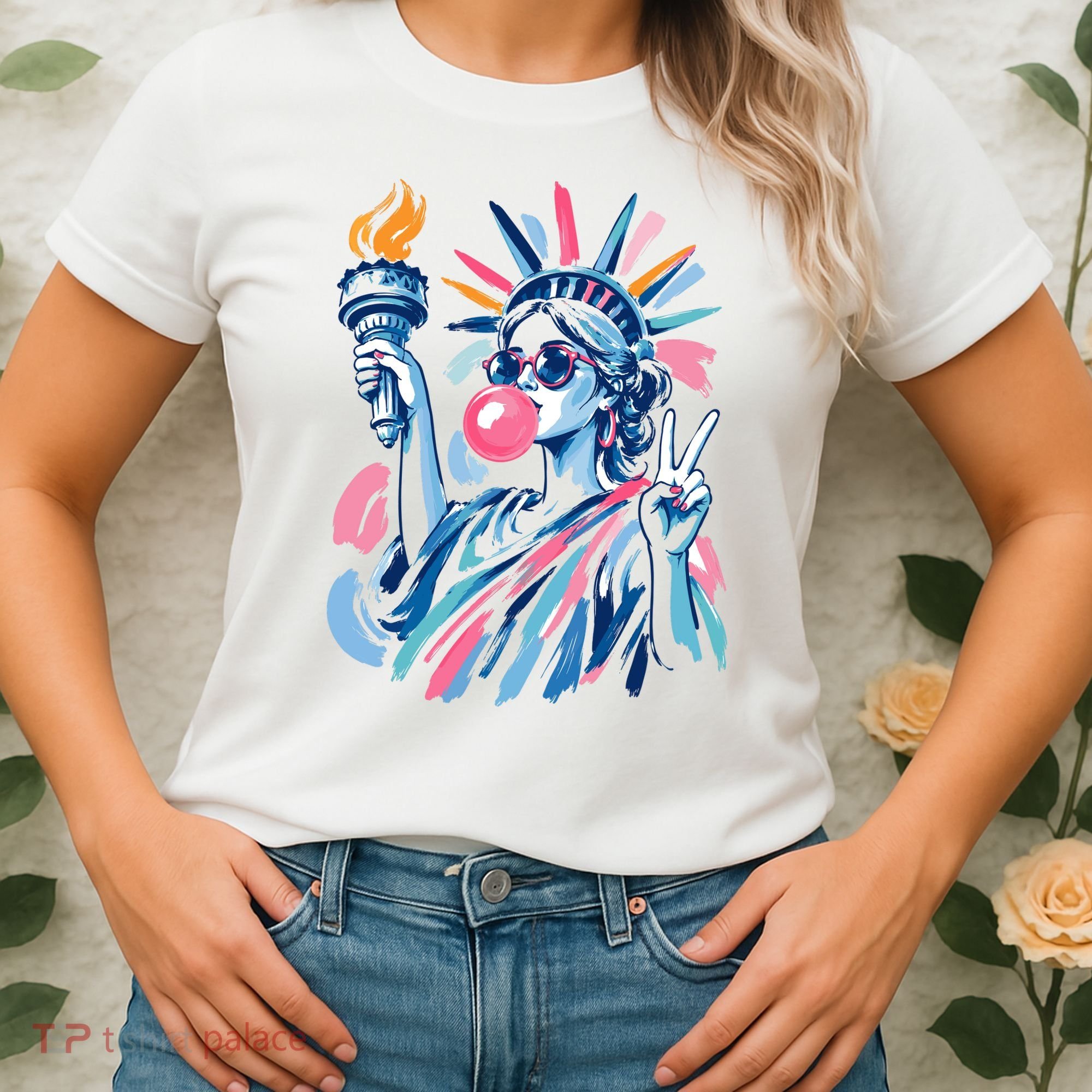 Preppy Statue Of Liberty Blowing Bubble Gum 4th Of July  Women's T-Shirt