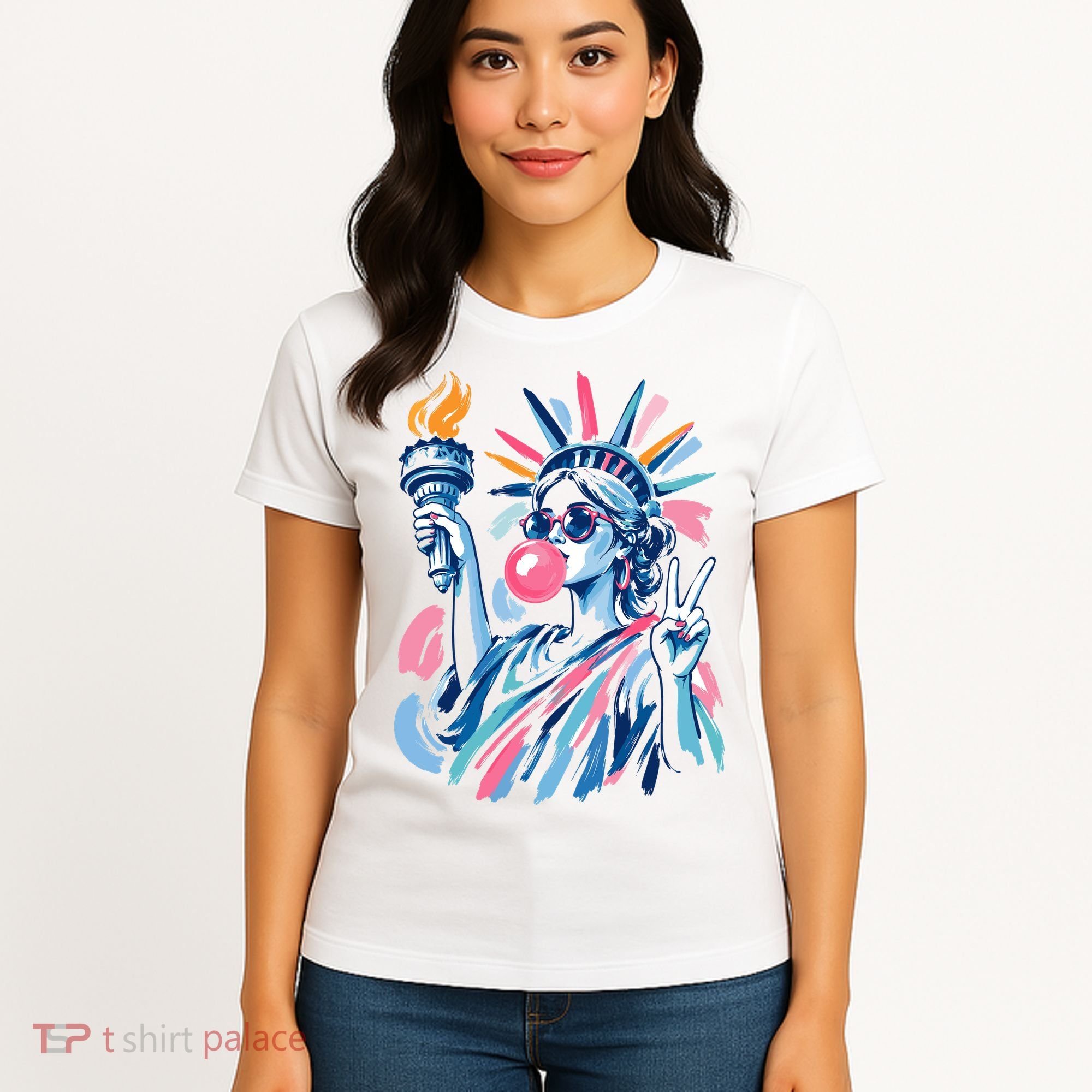 Preppy Statue Of Liberty Blowing Bubble Gum 4th Of July  Women's T-Shirt