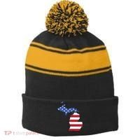 Patriotic State Of Michigan Usa Flag Stripe Pom Pom Beanie thumb 0