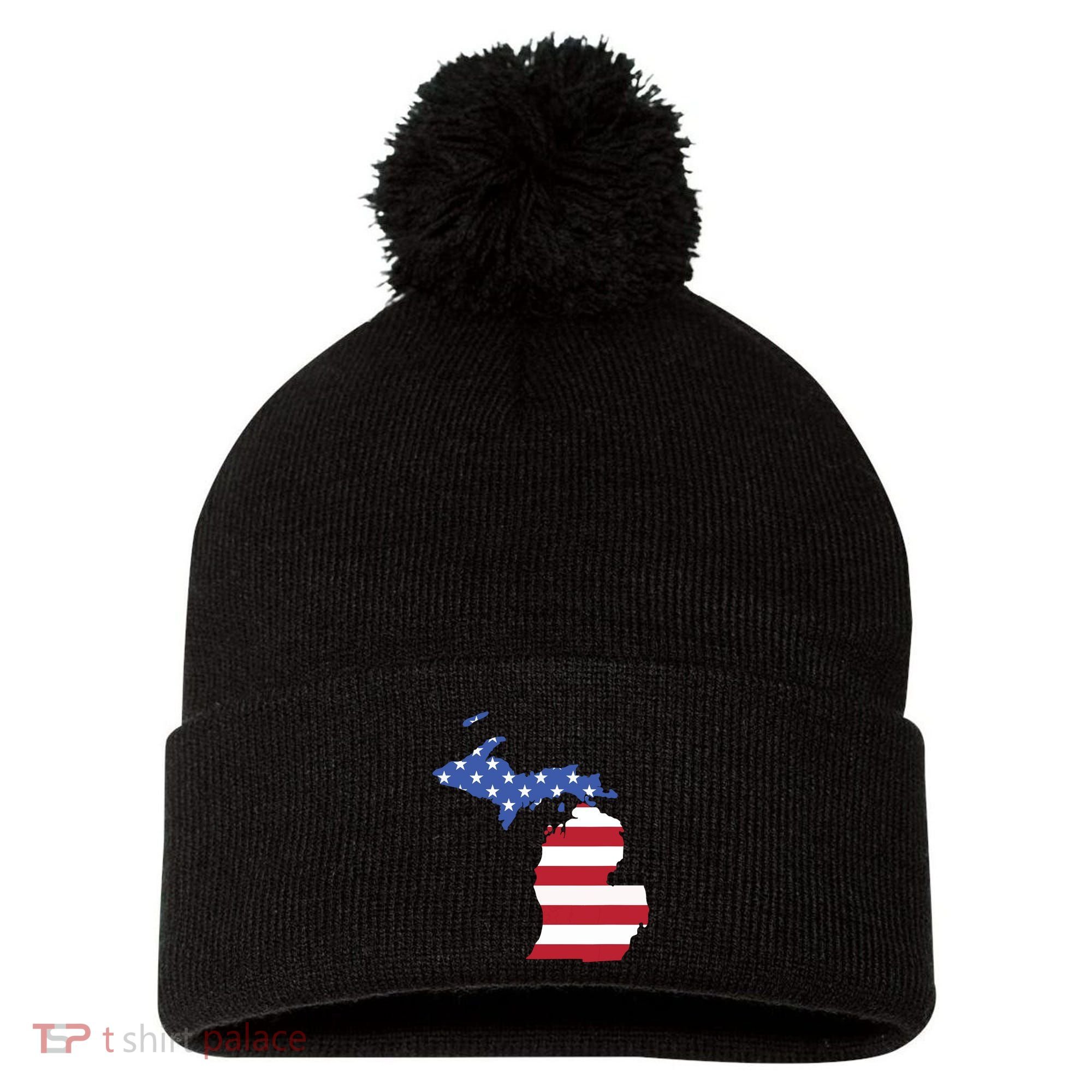 Patriotic State Of Michigan Usa Flag Pom Pom 12in Knit Beanie