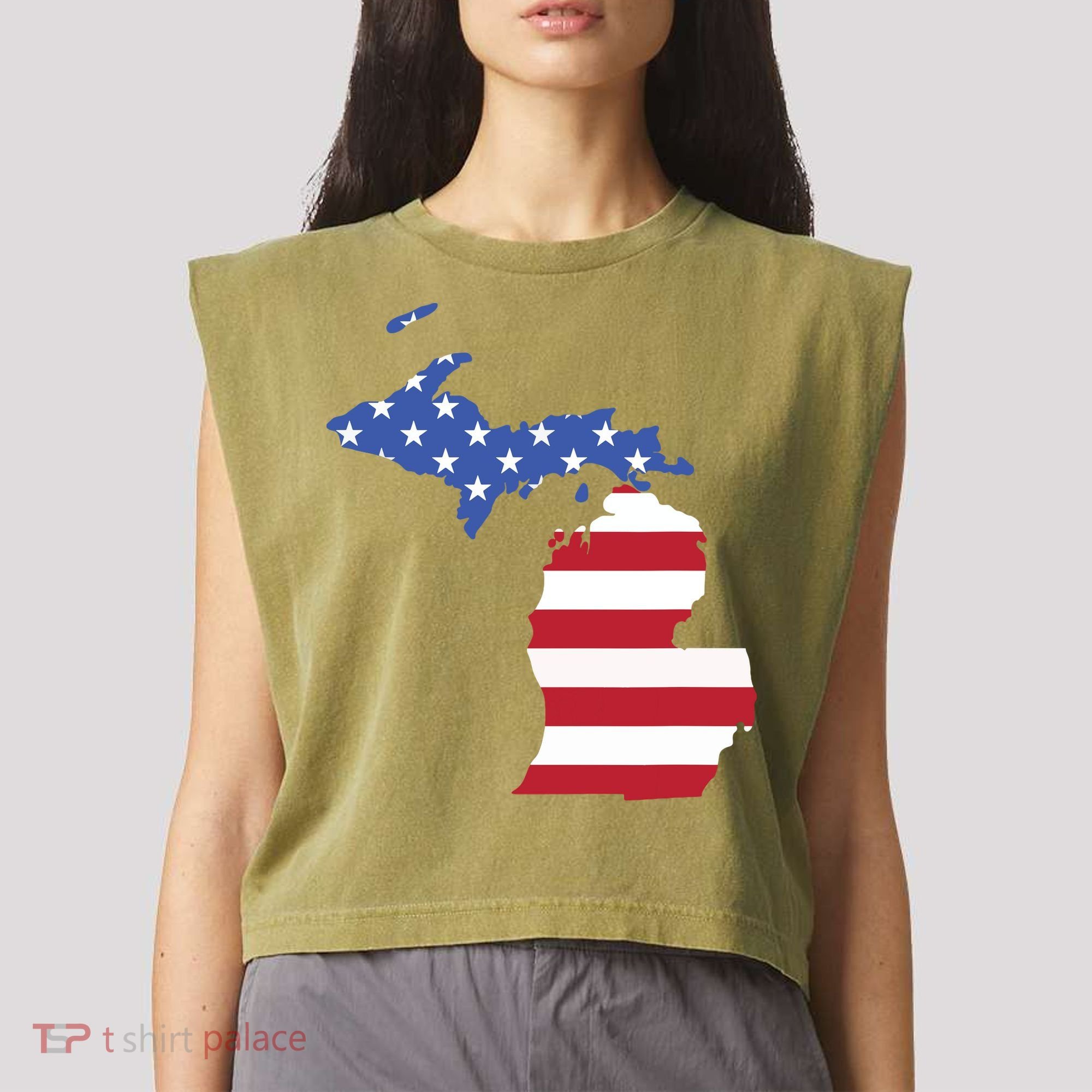 Patriotic State Of Michigan Usa Flag Garment-Dyed Women's Muscle Tee