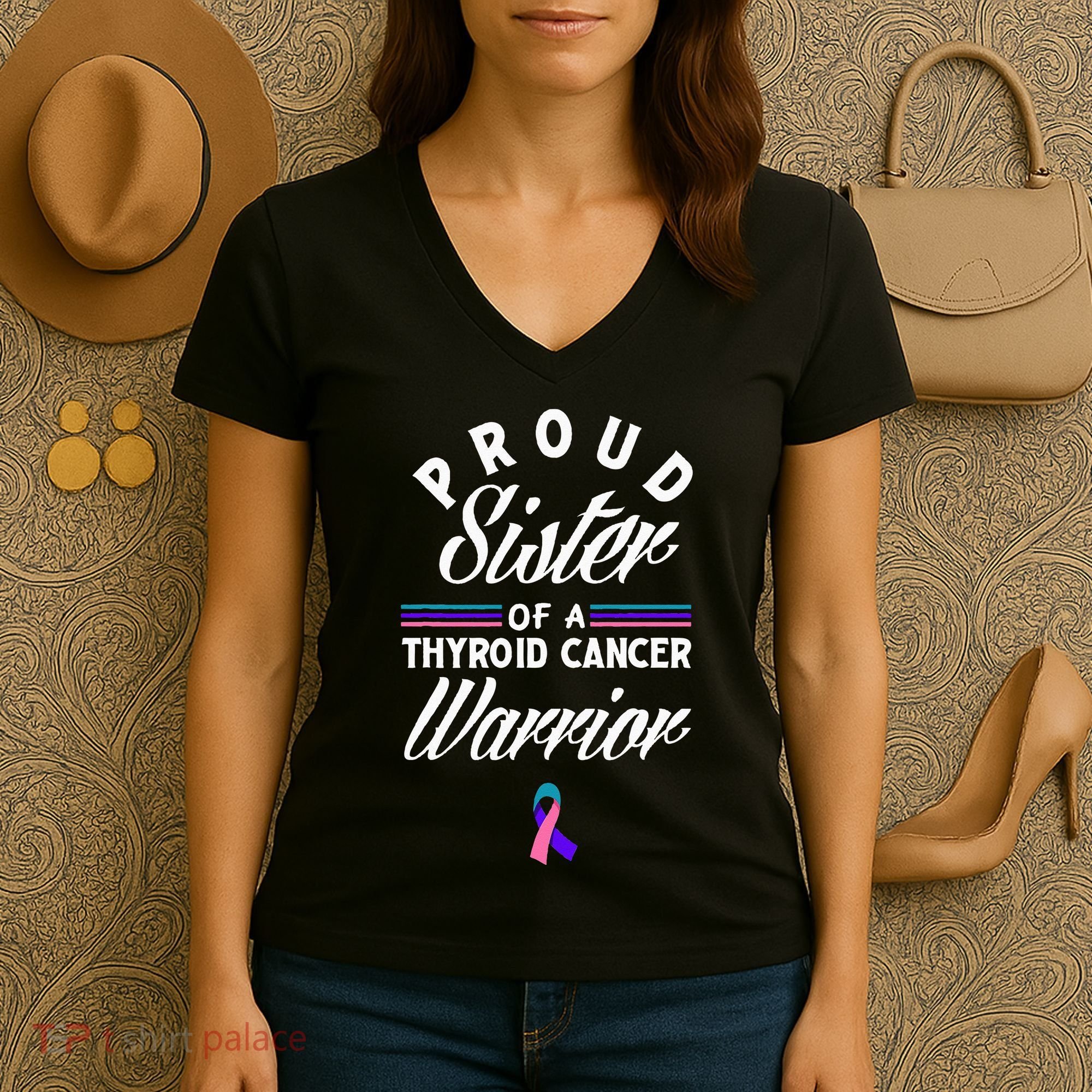 Proud Sister Of A Thyroid Cancer Warrior Thyroid Cancer Women's V-Neck T-Shirt