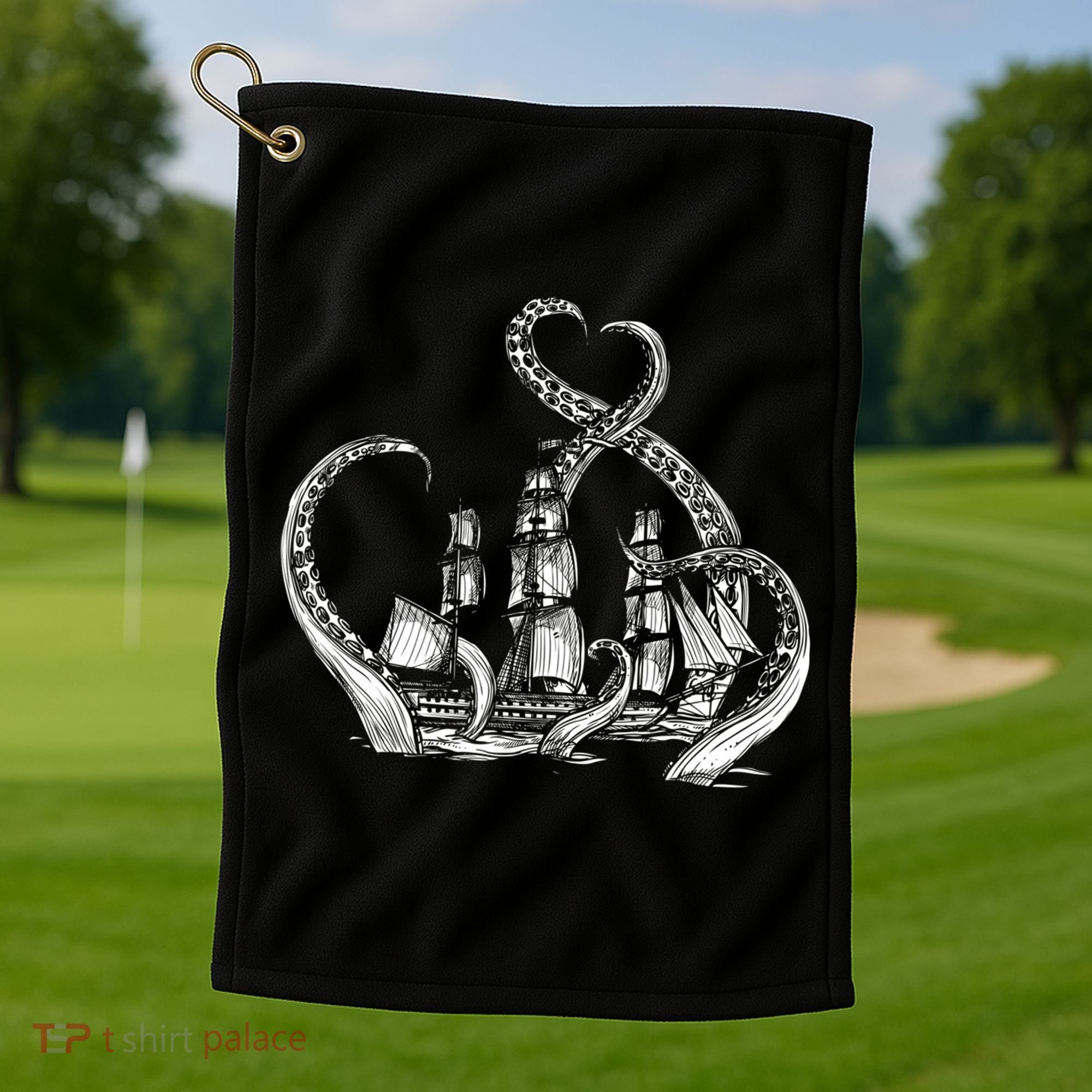 Pirate Ship Octopus Buccaneer Freebooter Crossed Bones Skull Gift Golf Towel