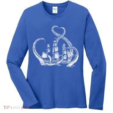 Pirate Ship Octopus Buccaneer Freebooter Crossed Bones Skull Gift Women's Long Sleeve Shirt