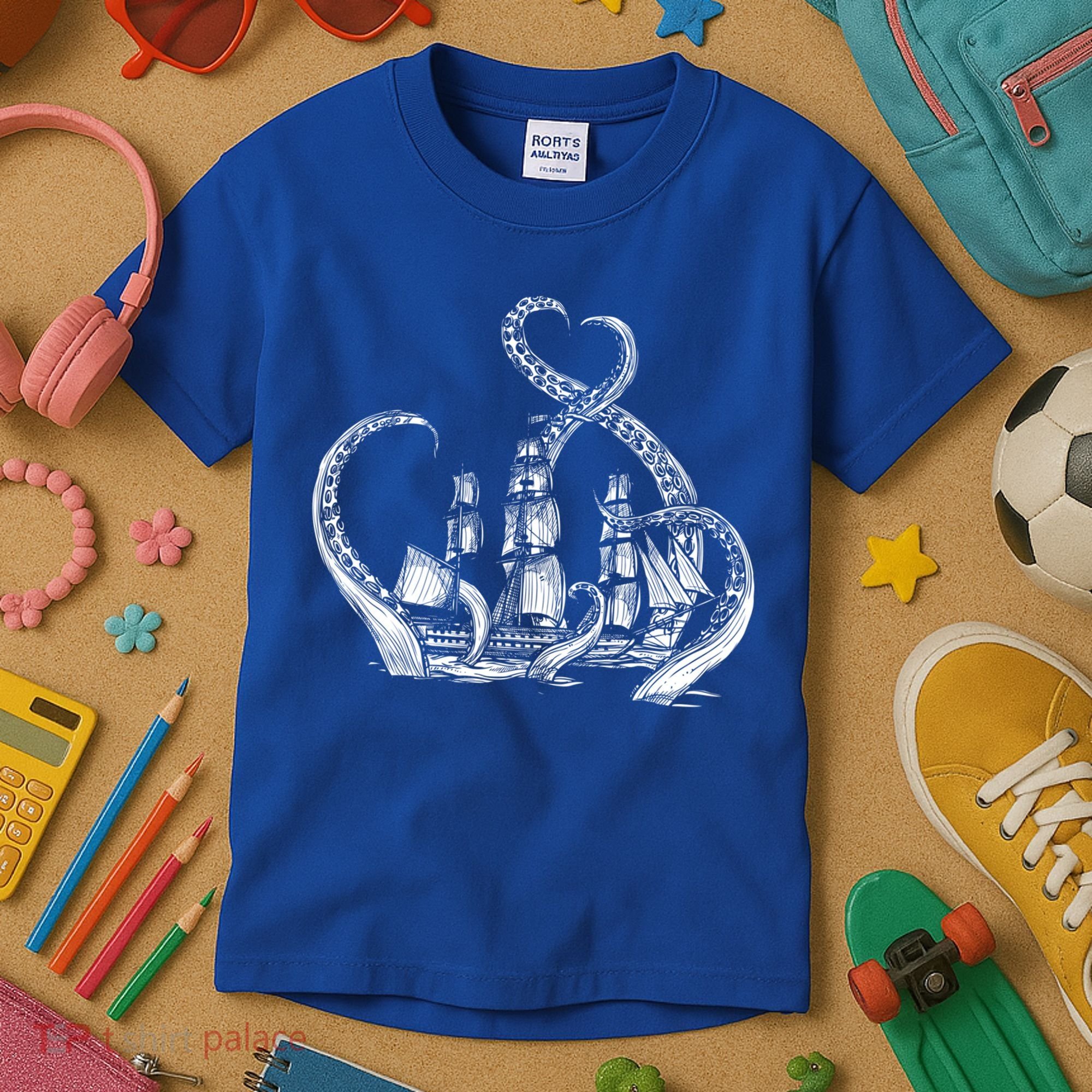 Pirate Ship Octopus Buccaneer Freebooter Crossed Bones Skull Gift Kids T-Shirt
