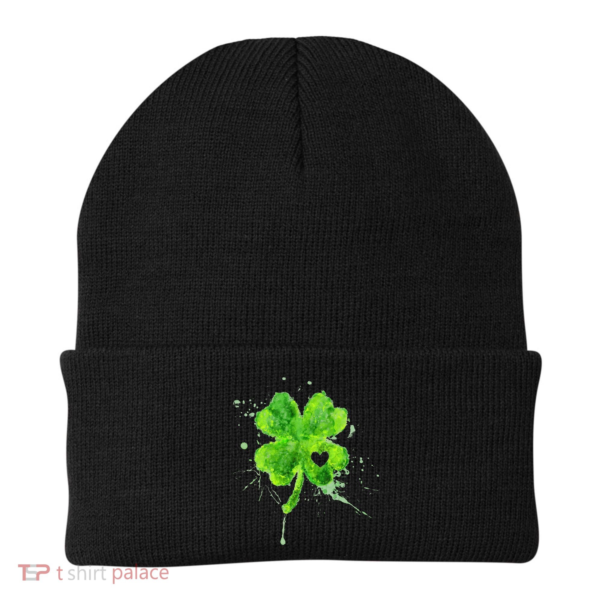Painted St Patricks Day Shamrock Heart St Paddys Day Clover Beanie