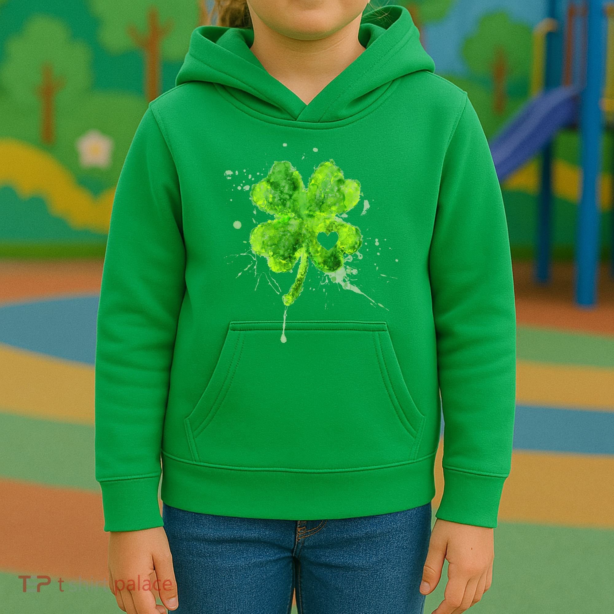 Painted St Patricks Day Shamrock Heart St Paddys Day Clover Kids Hoodie
