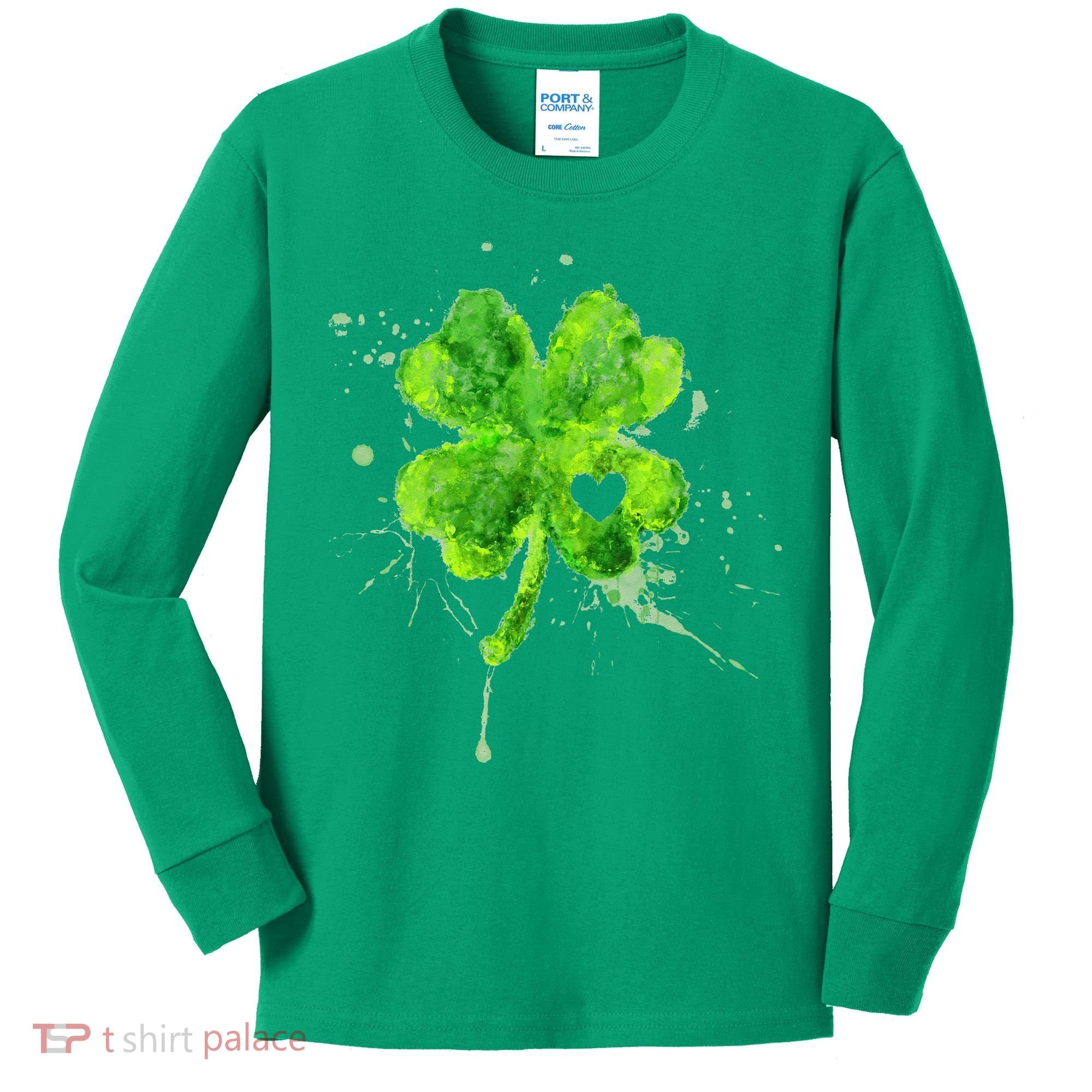 Painted St Patricks Day Shamrock Heart St Paddys Day Clover Kids Long Sleeve Shirt