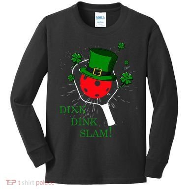 Pickleball St Patricks Day Leprechaun Dink Dink Slam Kids Long Sleeve Shirt