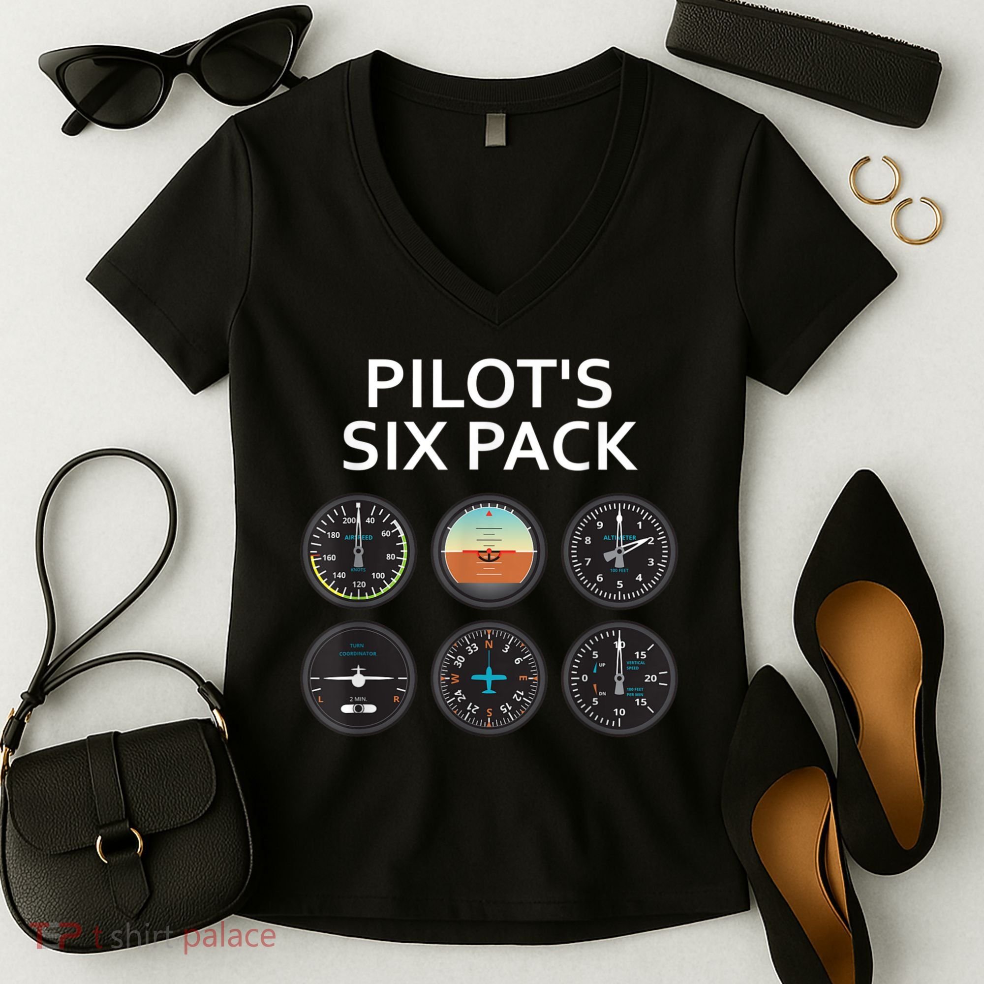 Pilot's Six Pack Funny Aviation Women's V-Neck T-Shirt