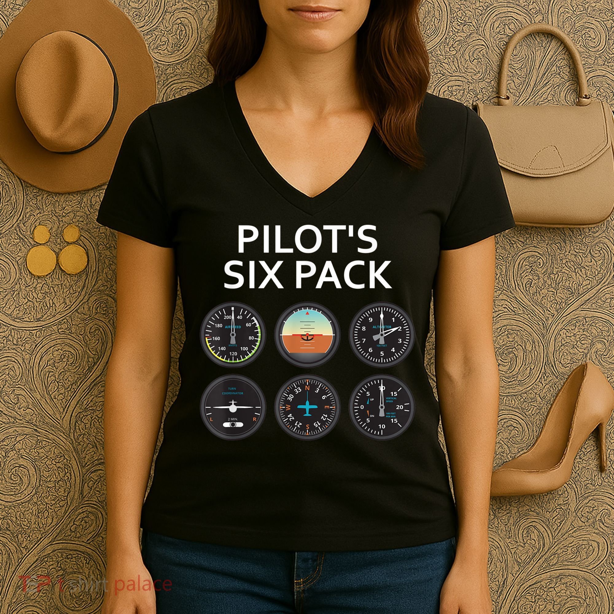 Pilot's Six Pack Funny Aviation Women's V-Neck T-Shirt