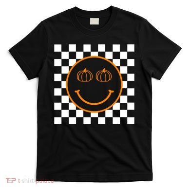 Pumpkin Smiley Retro Checkered T-Shirt