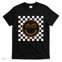Pumpkin Smiley Retro Checkered T-Shirt thumb 0