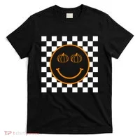 Pumpkin Smiley Retro Checkered T-Shirt thumb 0