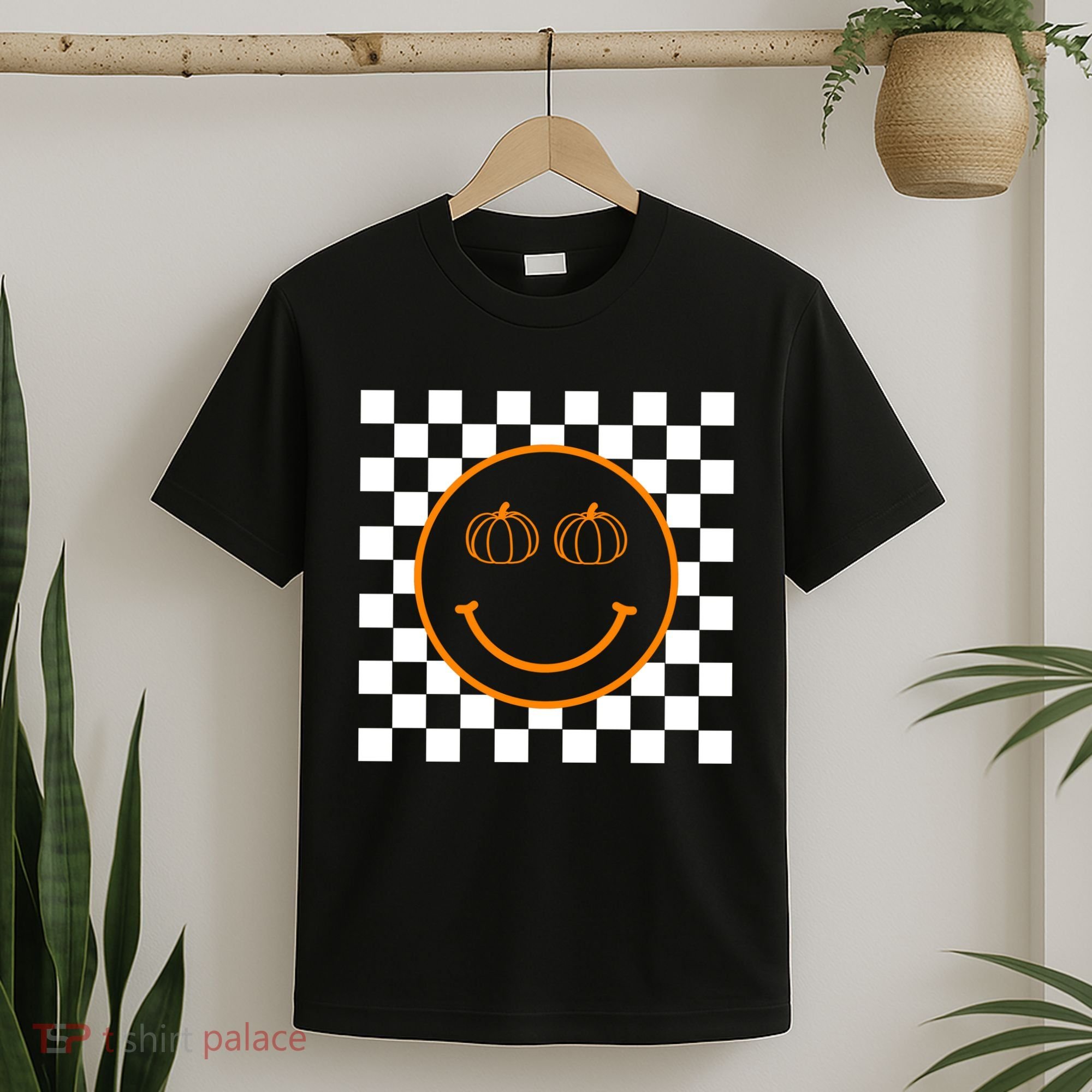Pumpkin Smiley Retro Checkered T-Shirt