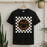 Pumpkin Smiley Retro Checkered T-Shirt thumb 2