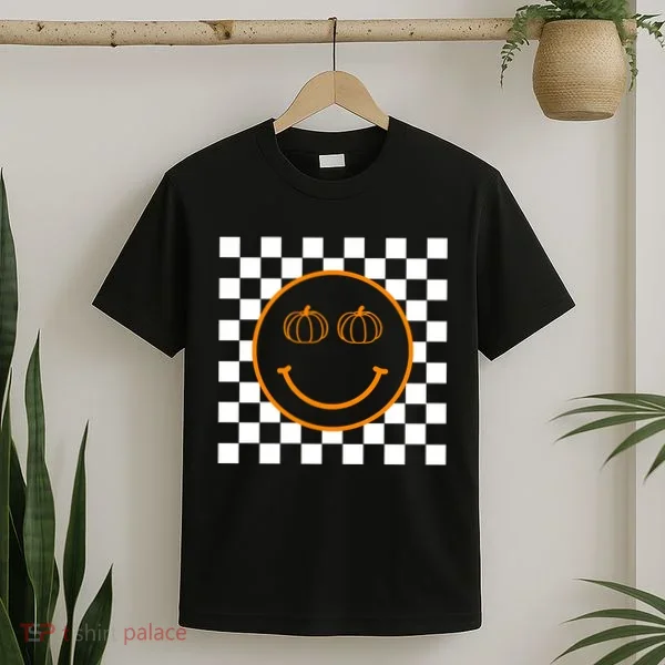 Pumpkin Smiley Retro Checkered T-Shirt