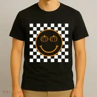 Pumpkin Smiley Retro Checkered T-Shirt thumb 3