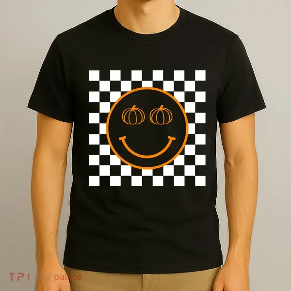 Pumpkin Smiley Retro Checkered T-Shirt