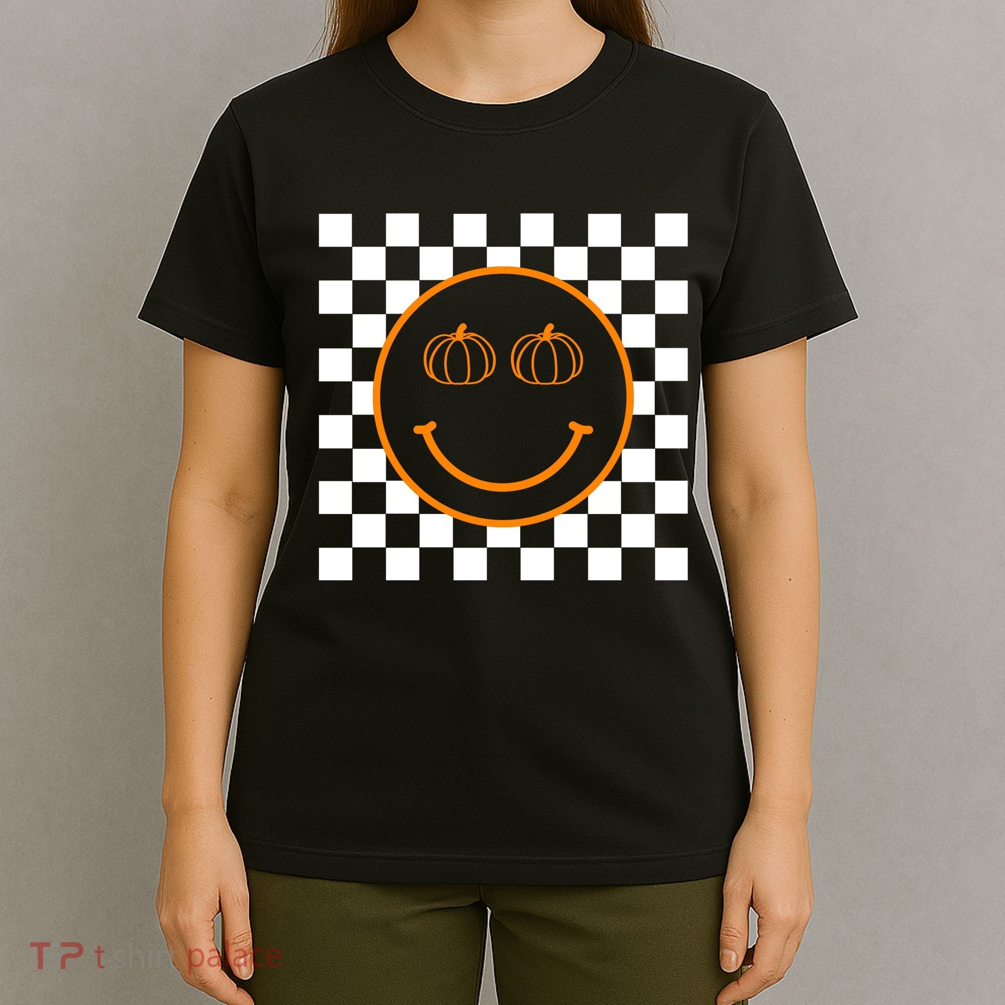 Pumpkin Smiley Retro Checkered T-Shirt