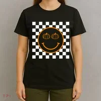 Pumpkin Smiley Retro Checkered T-Shirt thumb 4