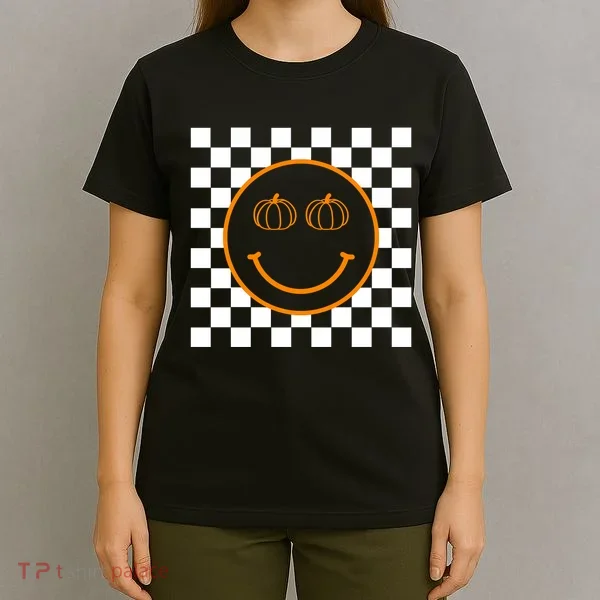 Pumpkin Smiley Retro Checkered T-Shirt