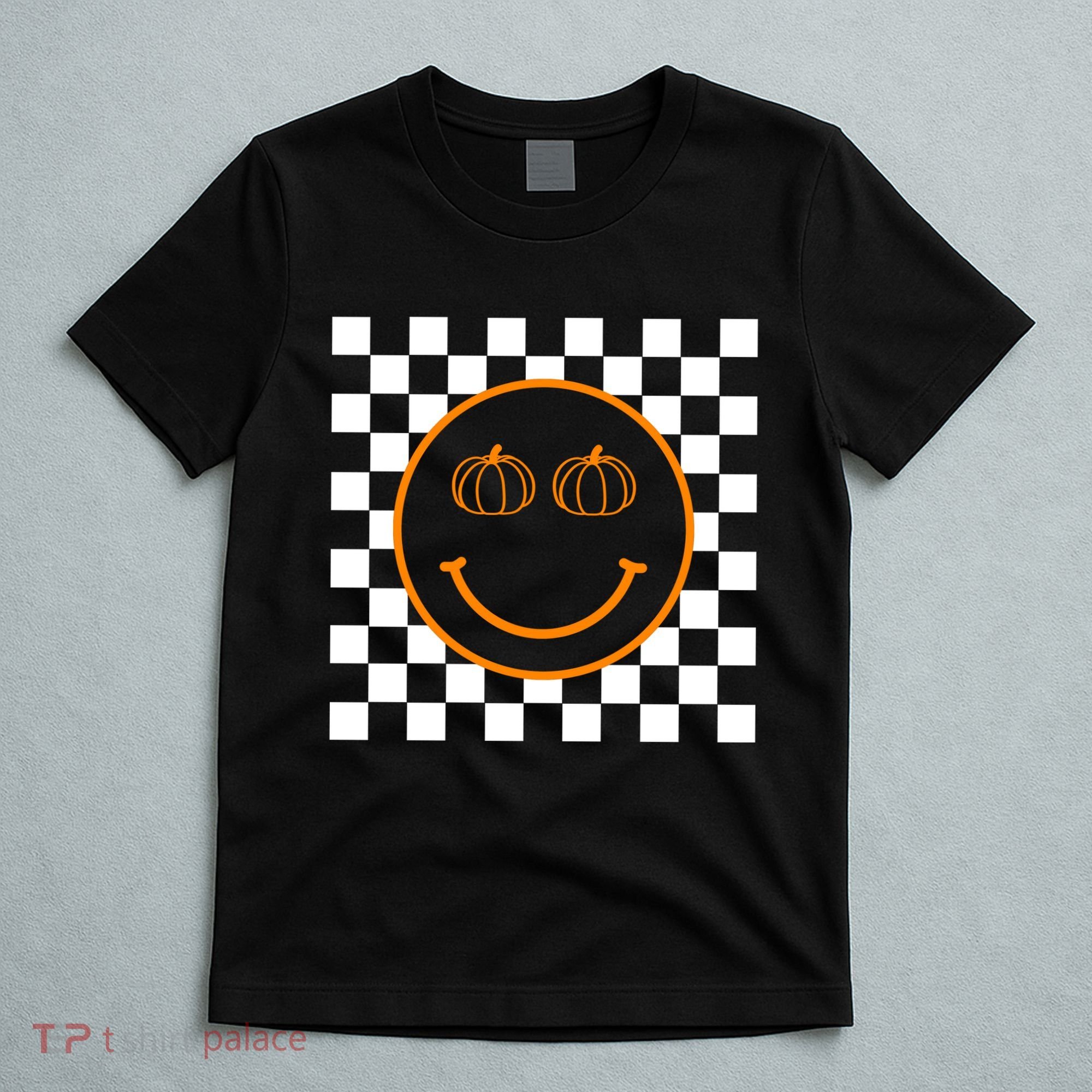 Pumpkin Smiley Retro Checkered T-Shirt