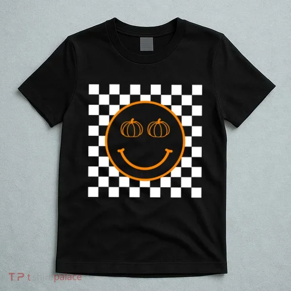 Pumpkin Smiley Retro Checkered T-Shirt