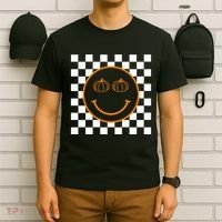 Pumpkin Smiley Retro Checkered T-Shirt thumb 6