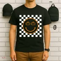 Pumpkin Smiley Retro Checkered T-Shirt thumb 6