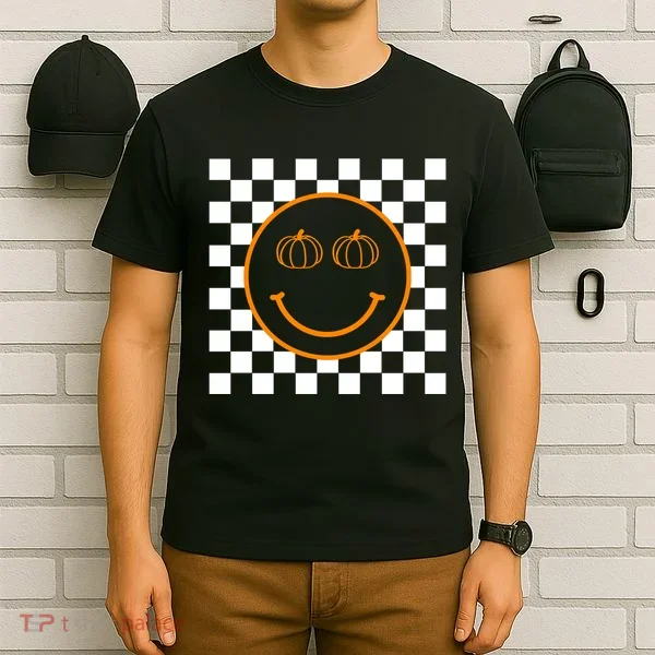 Pumpkin Smiley Retro Checkered T-Shirt