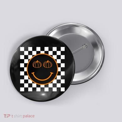 Pumpkin Smiley Retro Checkered Button