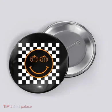 Pumpkin Smiley Retro Checkered Button