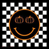 Pumpkin Smiley Retro Checkered Button thumb 1