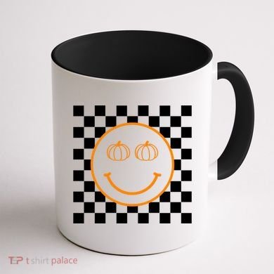 Pumpkin Smiley Retro Checkered Coffee Mug back