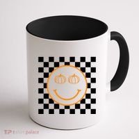 Pumpkin Smiley Retro Checkered Coffee Mug thumb 1