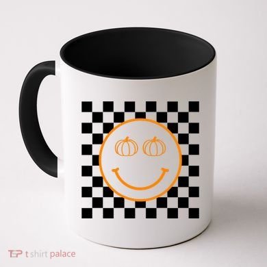 Pumpkin Smiley Retro Checkered Coffee Mug