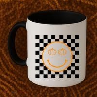 Pumpkin Smiley Retro Checkered Coffee Mug thumb 2