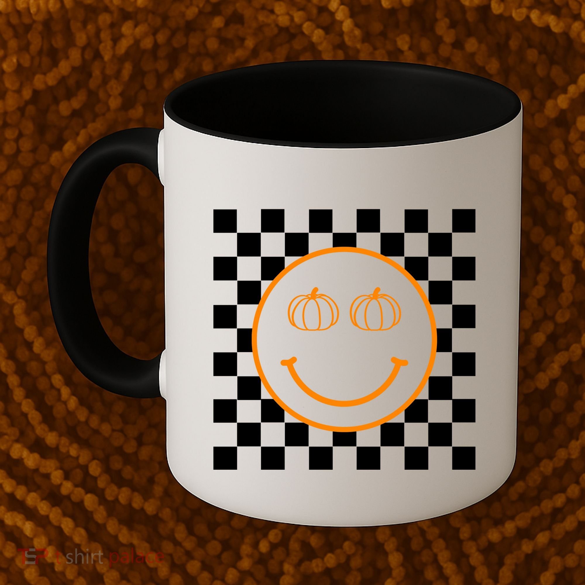 Pumpkin Smiley Retro Checkered Coffee Mug