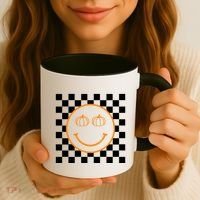 Pumpkin Smiley Retro Checkered Coffee Mug thumb 3