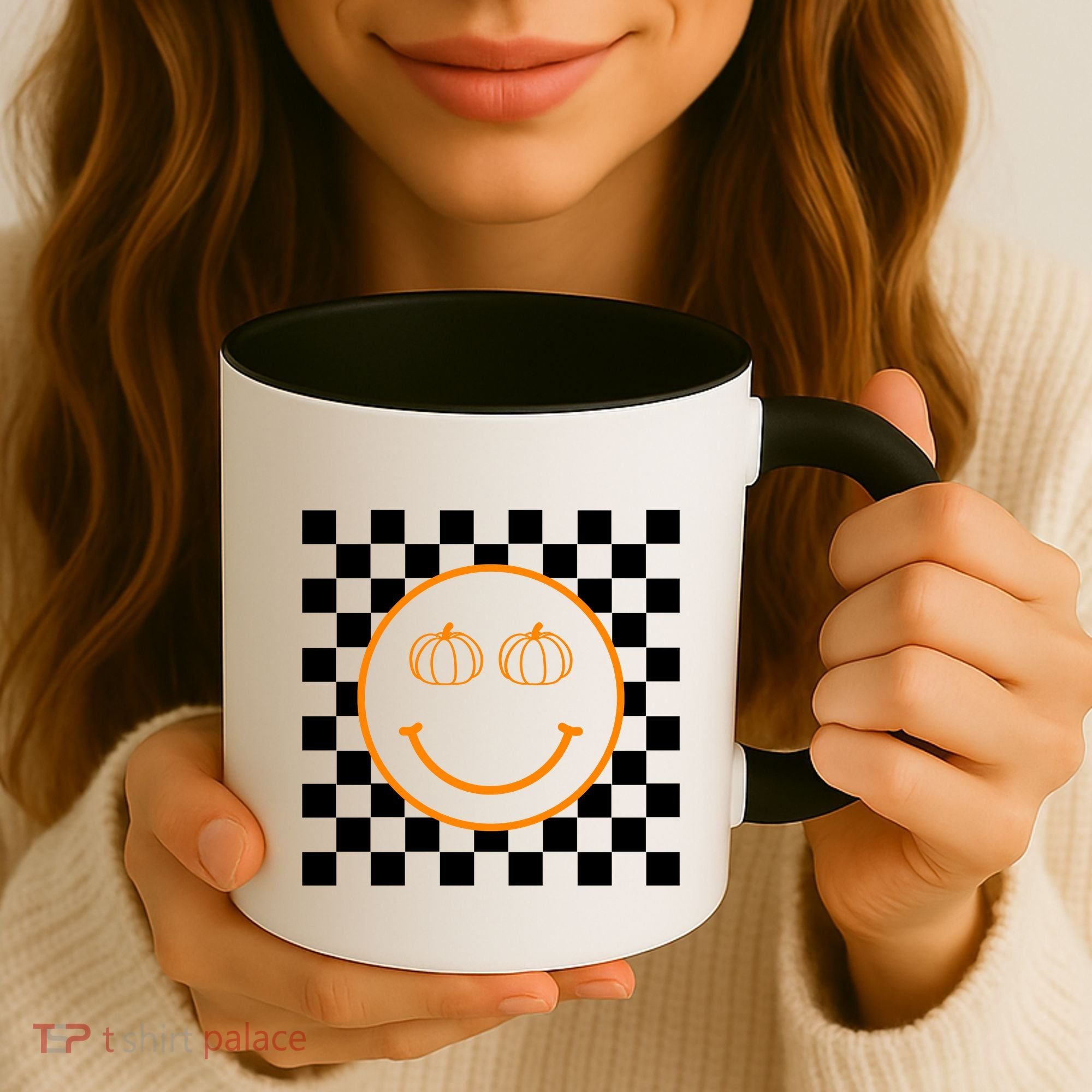 Pumpkin Smiley Retro Checkered Coffee Mug