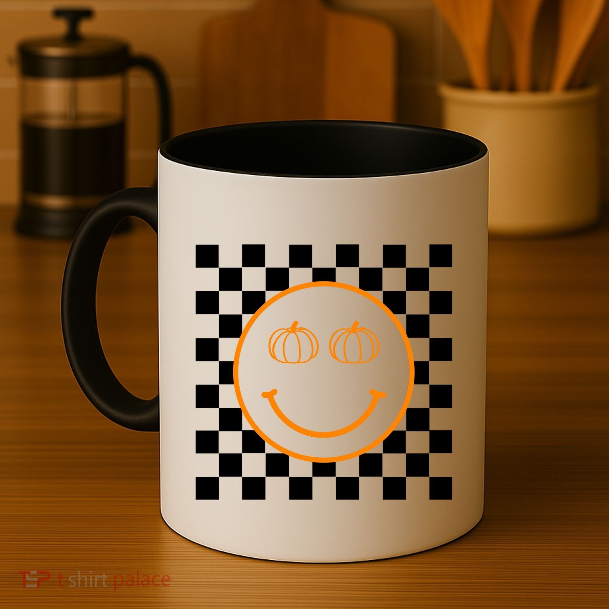 Pumpkin Smiley Retro Checkered Coffee Mug