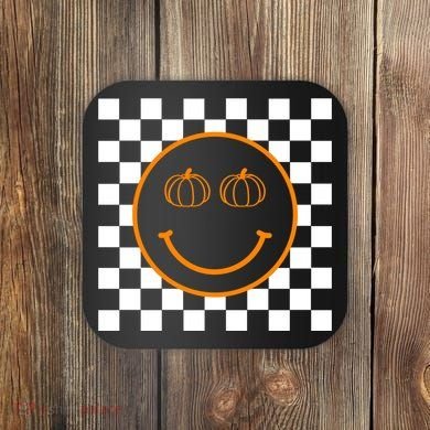 Pumpkin Smiley Retro Checkered Coaster