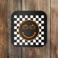 Pumpkin Smiley Retro Checkered Coaster thumb 0