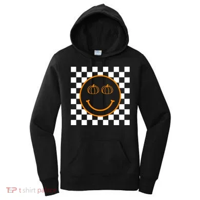 Pumpkin Smiley Retro Checkered Women's Hoodie