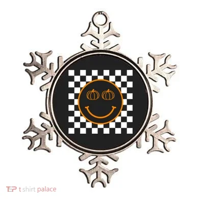 Pumpkin Smiley Retro Checkered Ornament